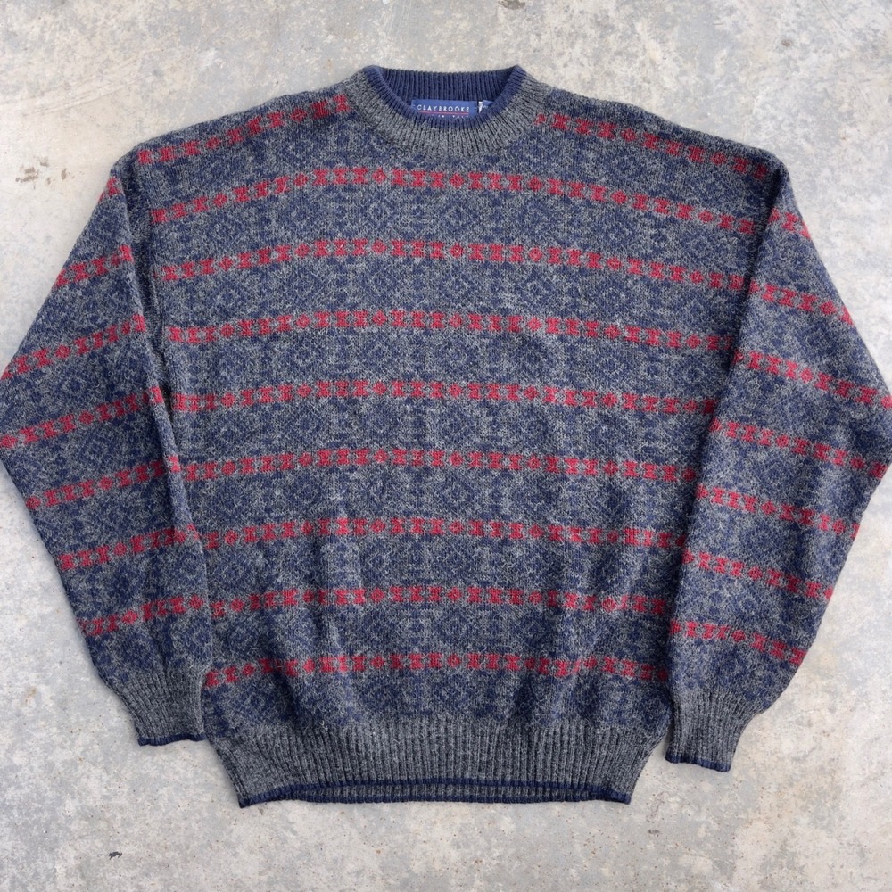 Claybrooke Sweater Mens XL Grey Navy Blue Red Fair Isle Made in Italy Wool Blend